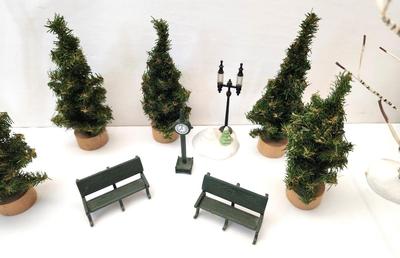 Lot #97 Accessory Lot - Christmas Village - Trees, Benches, Town Clock