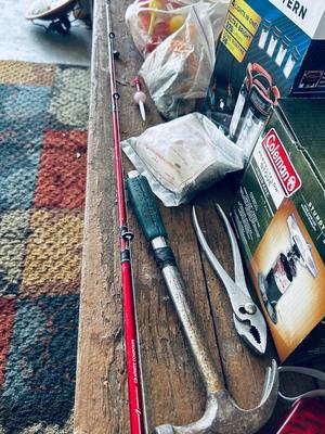 COLEMAN PERFECTFLOW STOVE, SHAKESPEARE FISHING POLE, COLEMAN QUAD LANTERN AND MORE!