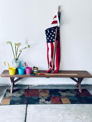 PICNIC TABLE BENCH, AMERICAN FLAG, PASTEL HANGING PLANTERS AND MORE