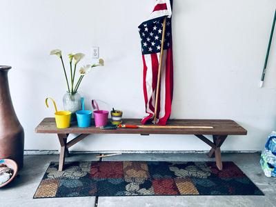 PICNIC TABLE BENCH, AMERICAN FLAG, PASTEL HANGING PLANTERS AND MORE