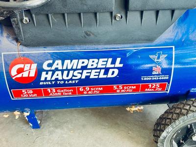 CAMPBELL HAUSFELD 13 GALLON AIR COMPRESSOR WITH AIR CHUCKS AND HOSE