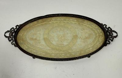 1920’s Gilt Brass Vanity Tray with Needlepoint Lace under glass MW Carr & Co. Perfume Make-up
