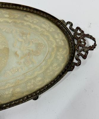 1920’s Gilt Brass Vanity Tray with Needlepoint Lace under glass MW Carr & Co. Perfume Make-up