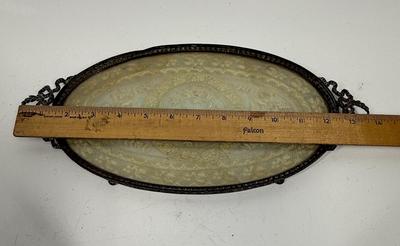 1920’s Gilt Brass Vanity Tray with Needlepoint Lace under glass MW Carr & Co. Perfume Make-up