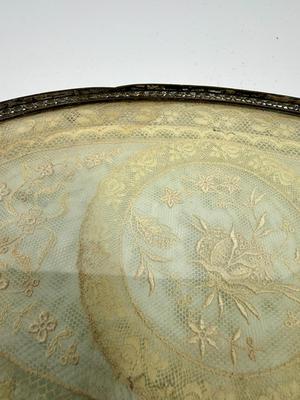 1920’s Gilt Brass Vanity Tray with Needlepoint Lace under glass MW Carr & Co. Perfume Make-up