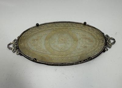 1920’s Gilt Brass Vanity Tray with Needlepoint Lace under glass MW Carr & Co. Perfume Make-up
