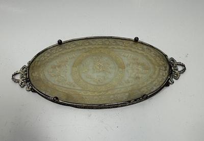 1920’s Gilt Brass Vanity Tray with Needlepoint Lace under glass MW Carr & Co. Perfume Make-up