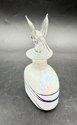 Vintage Murano Blown Glass Perfume Bottle With Hummingbird Stopper Iridescent White & Blue