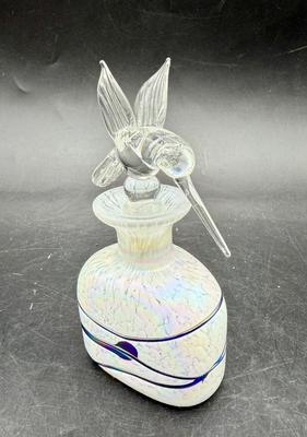 Vintage Murano Blown Glass Perfume Bottle With Hummingbird Stopper Iridescent White & Blue