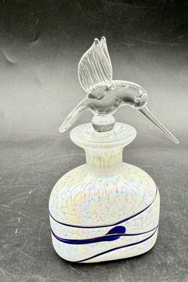 Vintage Murano Blown Glass Perfume Bottle With Hummingbird Stopper Iridescent White & Blue