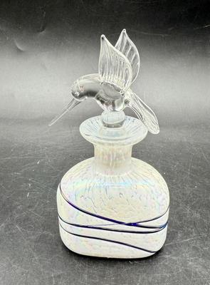 Vintage Murano Blown Glass Perfume Bottle With Hummingbird Stopper Iridescent White & Blue