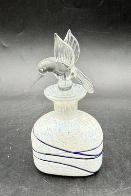 Vintage Murano Blown Glass Perfume Bottle With Hummingbird Stopper Iridescent White & Blue