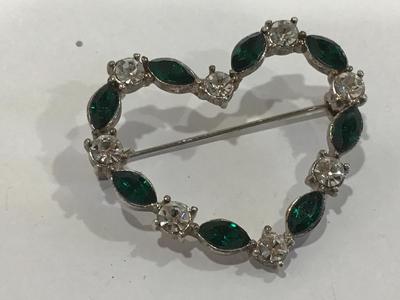 Green and Clear Rhinestone heart Brooch