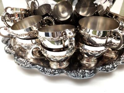 Lot #116 Beautiful Vintage Poole Silverplate Punch Bowl w/underplate, ladle, and 26 Cups