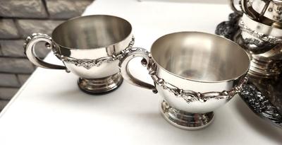 Lot #116 Beautiful Vintage Poole Silverplate Punch Bowl w/underplate, ladle, and 26 Cups