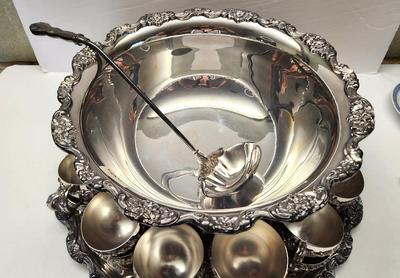 Lot #116 Beautiful Vintage Poole Silverplate Punch Bowl w/underplate, ladle, and 26 Cups