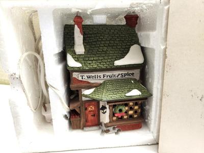 Lot #121 Dept 56 Dicken's Village Lighted House "TG Wells Fruit and Spice Shop"