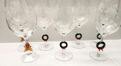 Lot #122 NYC3 Collection (retired) - Snowflake Bowls, Blown Glass Stems - Christmas Wineglasses