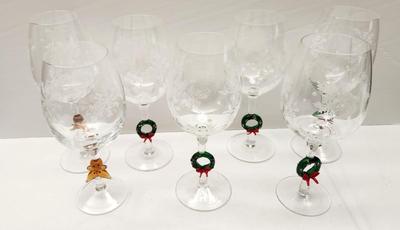 Lot #122 NYC3 Collection (retired) - Snowflake Bowls, Blown Glass Stems - Christmas Wineglasses