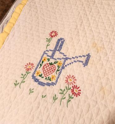 Lot #124 Hand Stiched Embroidered Baby Quilt - Peter Rabbit - Vintage