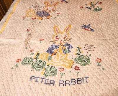 Lot #124 Hand Stiched Embroidered Baby Quilt - Peter Rabbit - Vintage