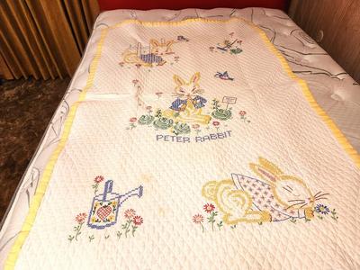 Lot #124 Hand Stiched Embroidered Baby Quilt - Peter Rabbit - Vintage