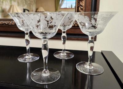 Lot #127 Lot of 4 vintage crystal Champagne Glasses - bird design Fostoria? Tiffin?