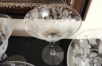 Lot #127 Lot of 4 vintage crystal Champagne Glasses - bird design Fostoria? Tiffin?