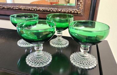 Lot #136 Lot of 4 Anchor Hocking Emerald Green Bubble Feet Dessert/Sherbets