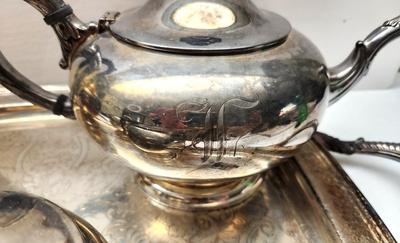 Lot #140 Vintage Silverplate Tea Service - monogram "F"