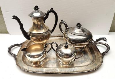 Lot #140 Vintage Silverplate Tea Service - monogram "F"
