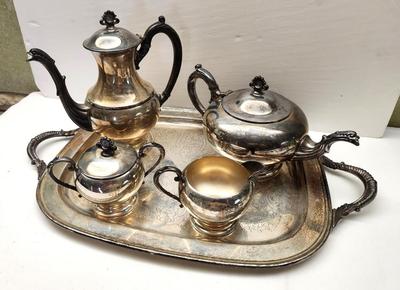 Lot #140 Vintage Silverplate Tea Service - monogram "F"