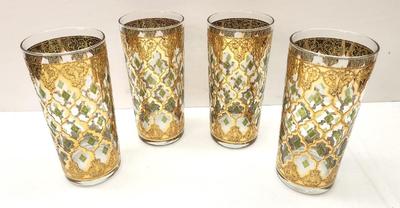 Lot #149 Fabulous Lot of 4 vintage Culver bar glasses "Valencia Gold" pattern