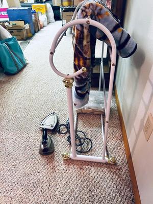 OLD UNIVERSAL ELECTRIC IRON WITH STAND, QUILT RACK, CLOTHES PINS, JAMES A MEGER ART THROW BLANKET