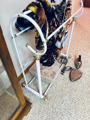 OLD UNIVERSAL ELECTRIC IRON WITH STAND, QUILT RACK, CLOTHES PINS, JAMES A MEGER ART THROW BLANKET