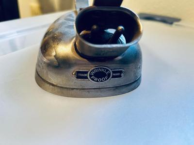 OLD UNIVERSAL ELECTRIC IRON WITH STAND, QUILT RACK, CLOTHES PINS, JAMES A MEGER ART THROW BLANKET