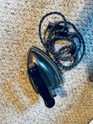 OLD UNIVERSAL ELECTRIC IRON WITH STAND, QUILT RACK, CLOTHES PINS, JAMES A MEGER ART THROW BLANKET