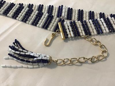 Vintage Hong Kong Navy Blue White Tassel Belt