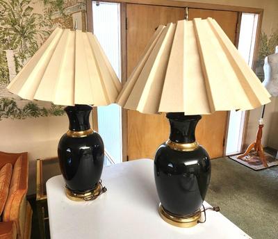 Lot #197 Pair of 80's Table Lamps - Black Glassy Ceramic/"brass" fittings