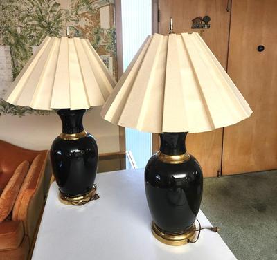 Lot #197 Pair of 80's Table Lamps - Black Glassy Ceramic/"brass" fittings