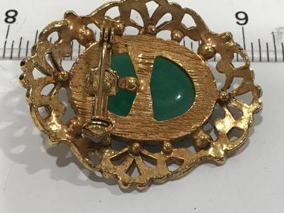 Asian oval Green Faux Glass Scroll Jade Brooch