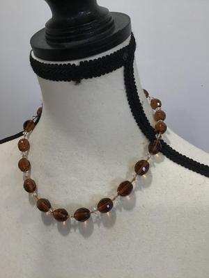West Germany Fauceted Amber Glass With clear Crystal Spacers