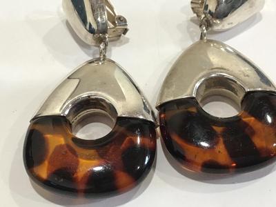 Silver Tone Faux Tortoise Earrings Door knocker style Large