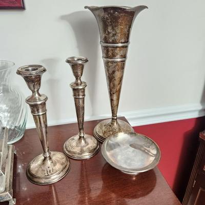 Weighted Sterling Silver Candle Sticks, Vase, Bowl ,Salt Pepper Shakers