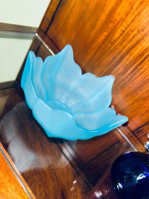 FENTON COBALT BLUE WITH WHITE RIBBON VASE AND 2 VIKING SATIN BLUE DISHES