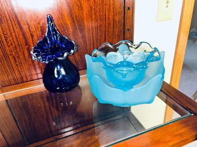 FENTON COBALT BLUE WITH WHITE RIBBON VASE AND 2 VIKING SATIN BLUE DISHES
