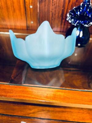 FENTON COBALT BLUE WITH WHITE RIBBON VASE AND 2 VIKING SATIN BLUE DISHES