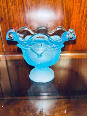 FENTON COBALT BLUE WITH WHITE RIBBON VASE AND 2 VIKING SATIN BLUE DISHES