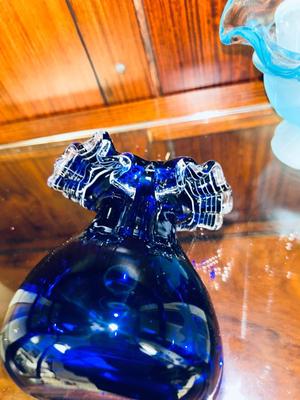FENTON COBALT BLUE WITH WHITE RIBBON VASE AND 2 VIKING SATIN BLUE DISHES