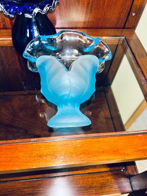 FENTON COBALT BLUE WITH WHITE RIBBON VASE AND 2 VIKING SATIN BLUE DISHES